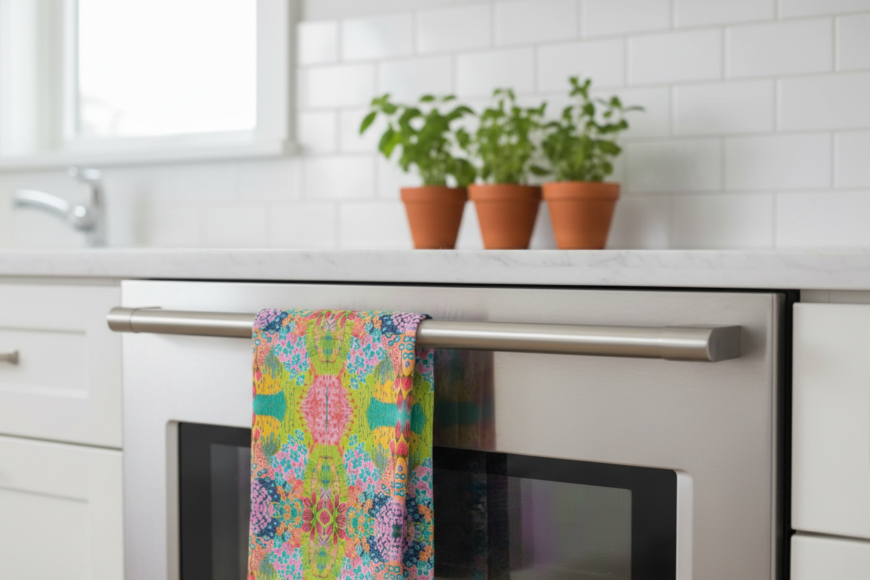 Summer Awakening Geometric Large Tea Towel - Original Botanical Kitchen Linen UK Made