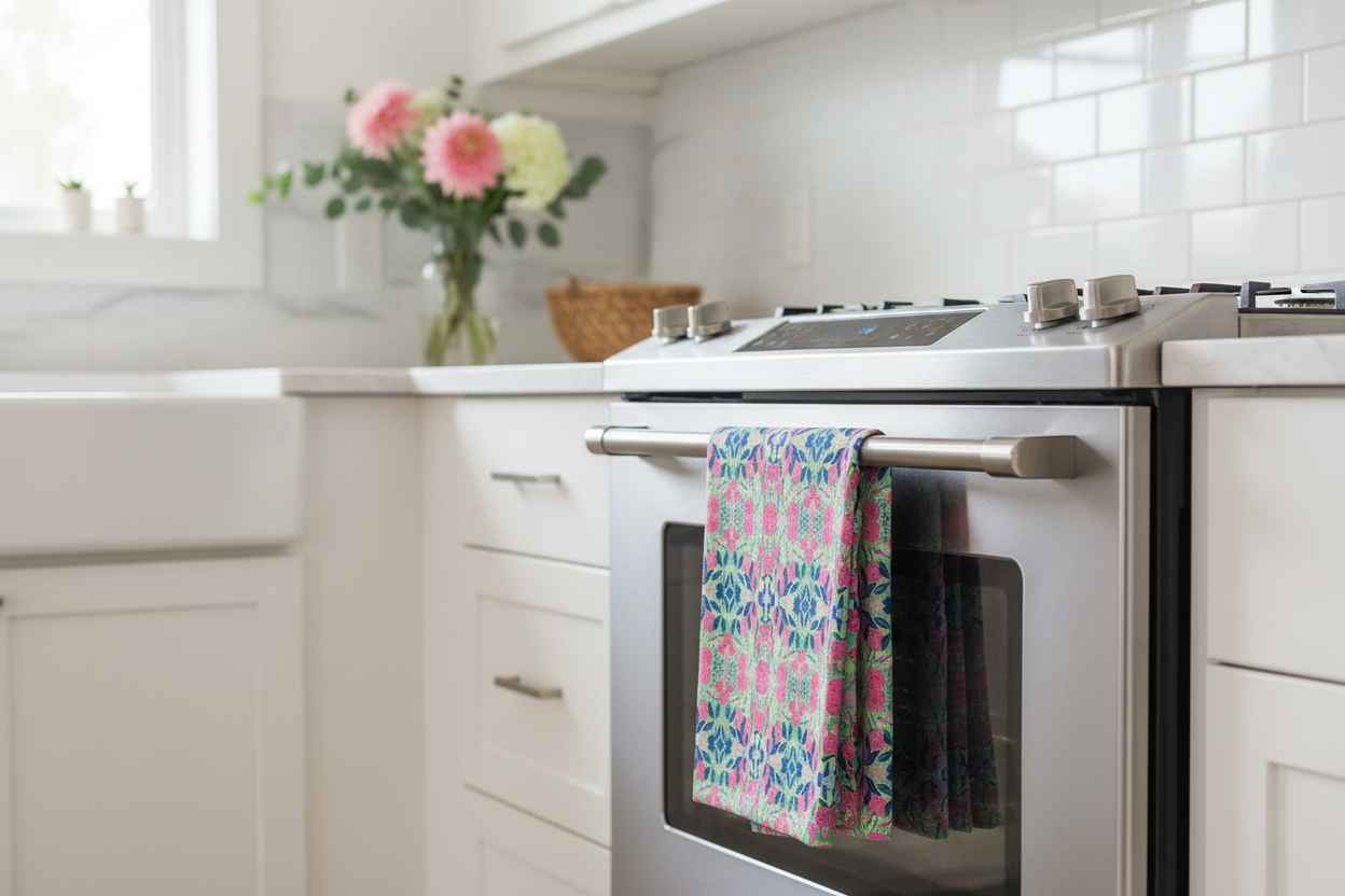 Radiant Dahlia Geometric Large Tea Towel - Original Botanical Kitchen Linen UK Made