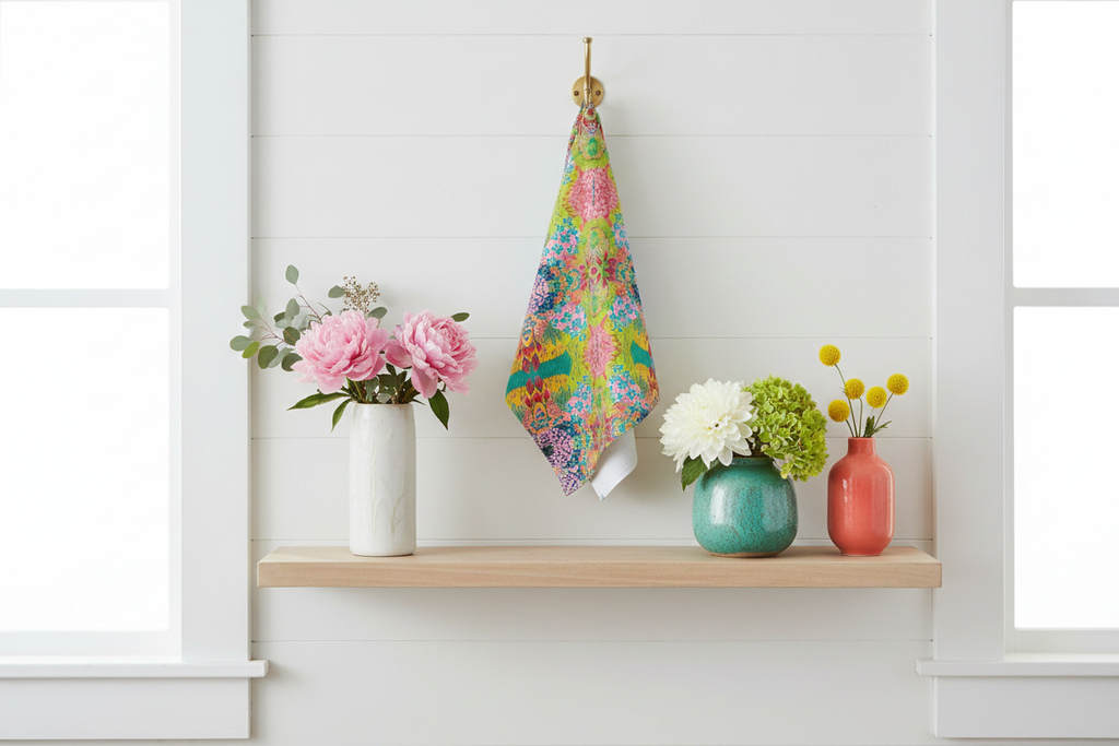 Summer Awakening Geometric Large Tea Towel - Original Botanical Kitchen Linen UK Made