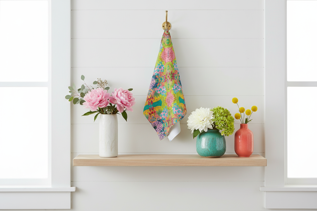Summer Awakening Geometric Large Tea Towel - Original Botanical Kitchen Linen UK Made