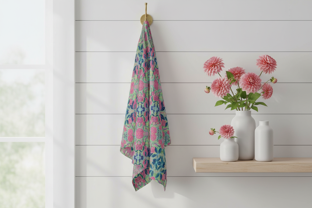 Radiant Dahlia Geometric Large Tea Towel - Original Botanical Kitchen Linen UK Made