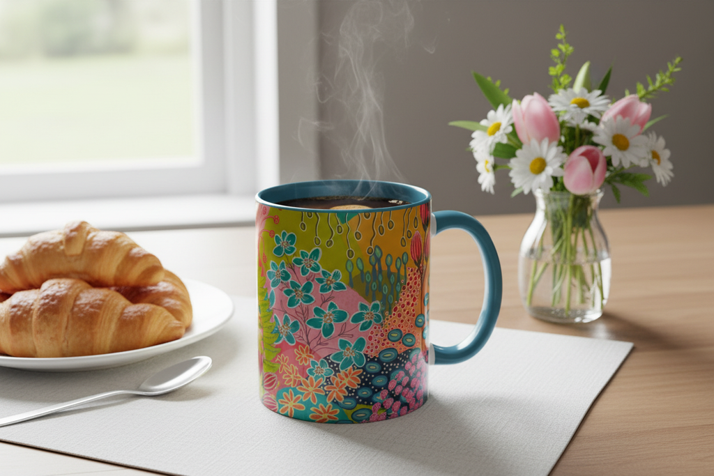 Light blue mug on breakfast table