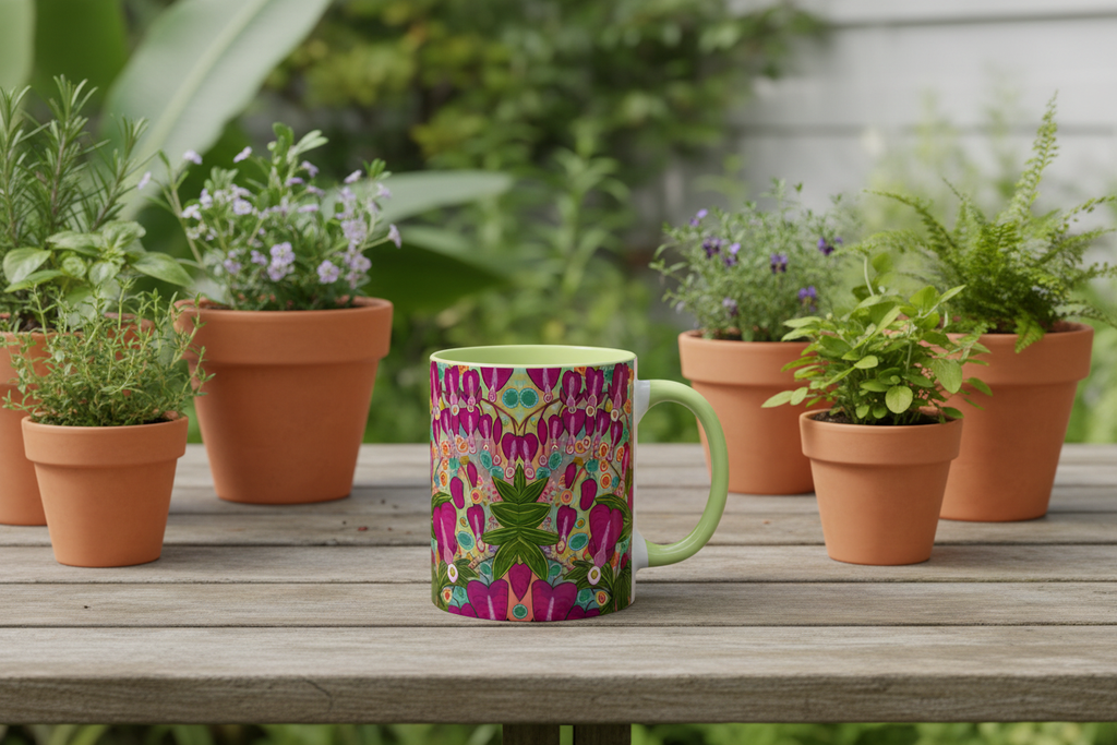 Light green bleeding hearts mug