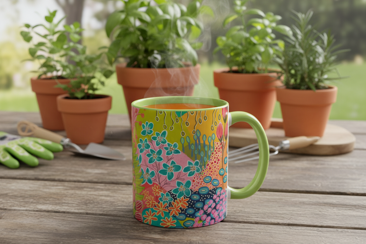 Light green mug in garden