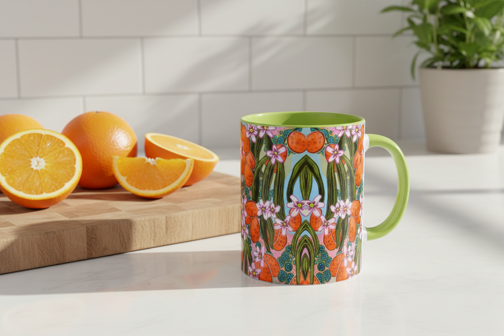 Light green orange floral mug