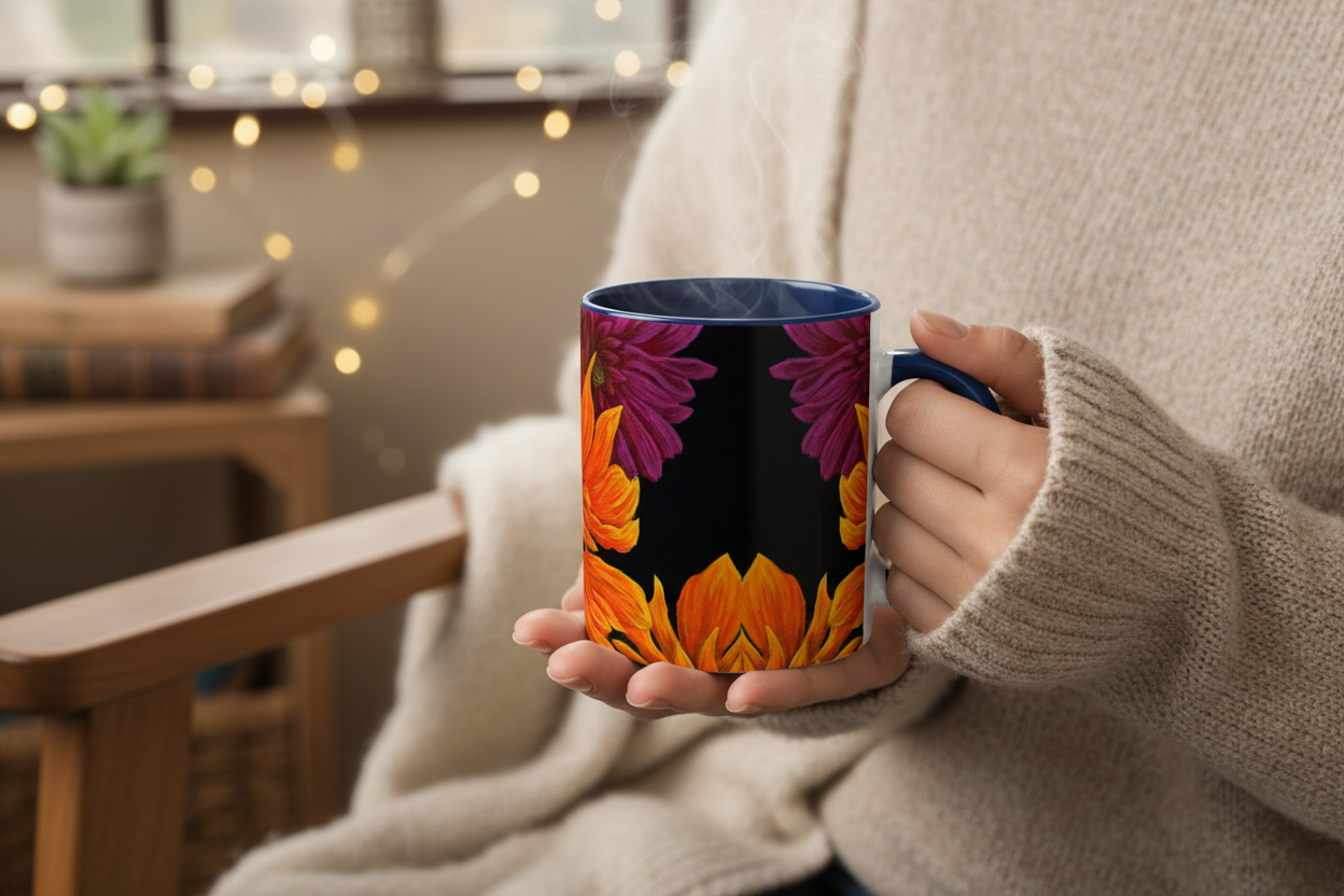 Navy dahlia mug in hands