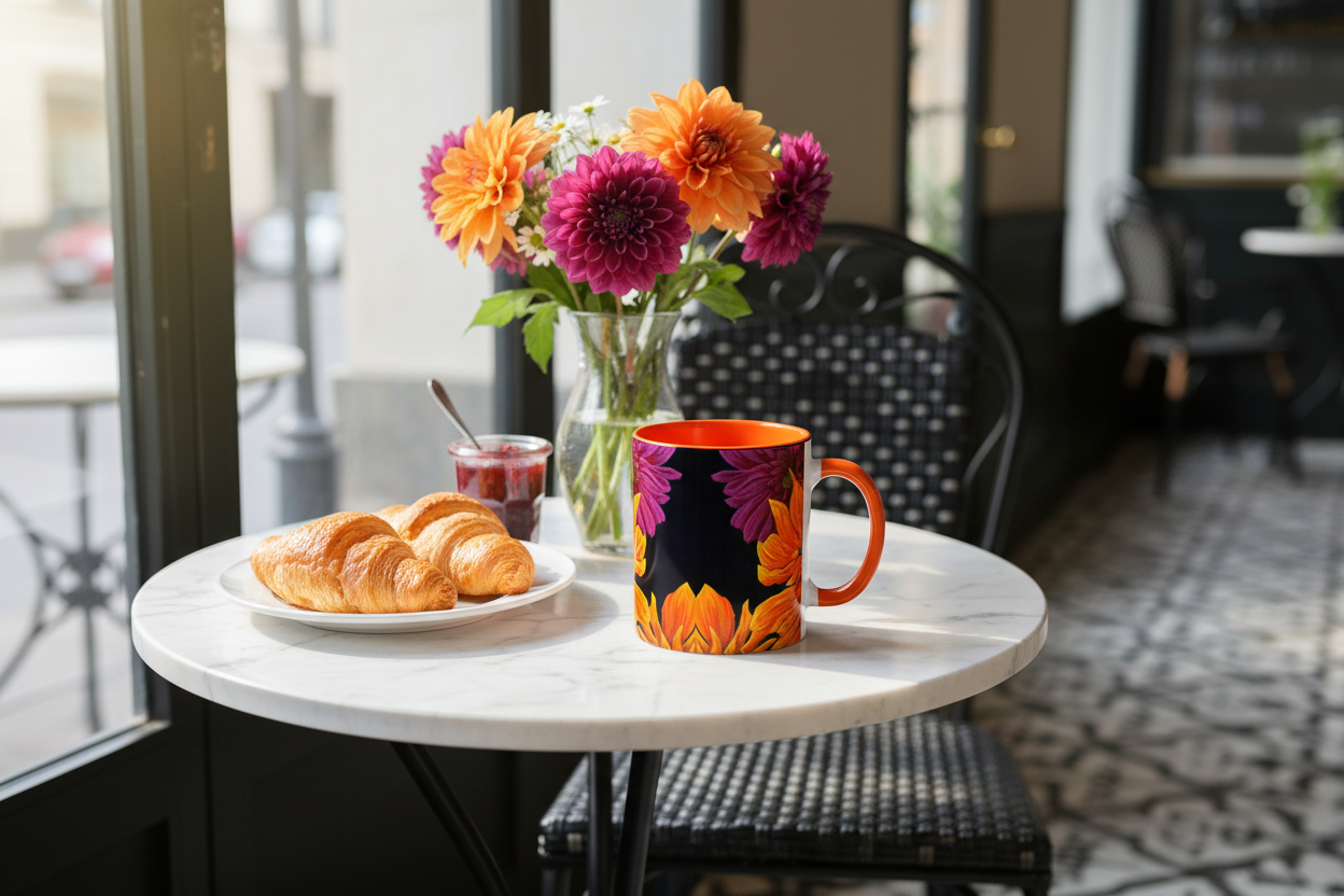 Orange dahlia mug at breakfast