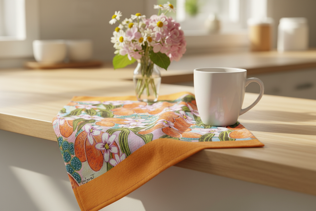 Orange floral tea towel close-up on counter