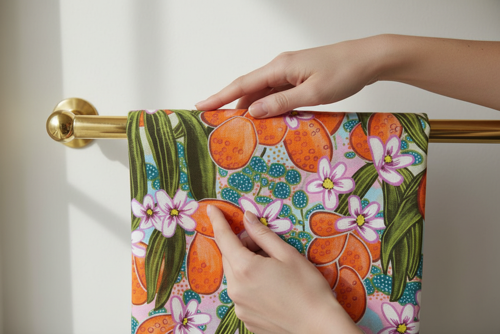 Orange floral tea towel detail with hands