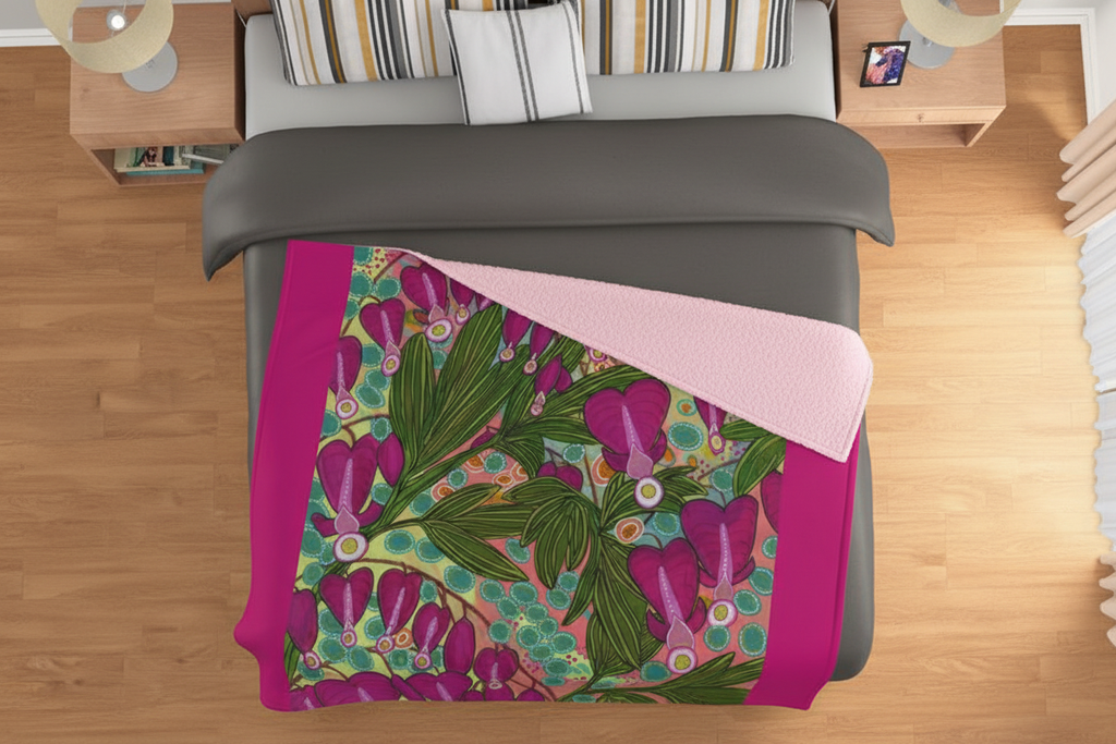 Bleeding Hearts Fleece Blanket Double - Original Botanical Art Print UK