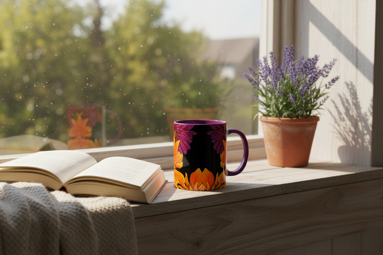 Purple dahlia mug in reading nook