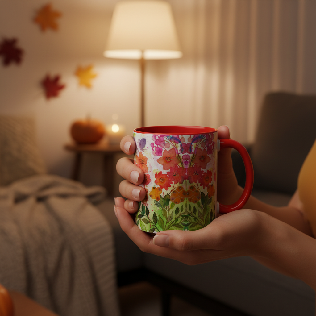 Red Autumn Whisper mug close-up