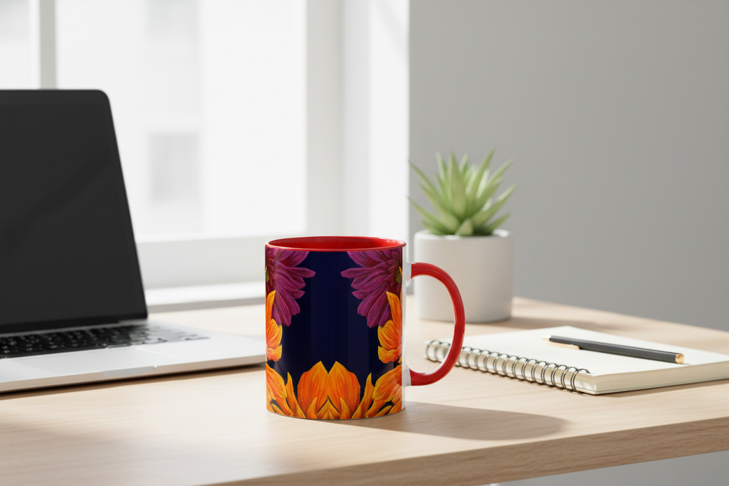 Red dahlia mug on desk