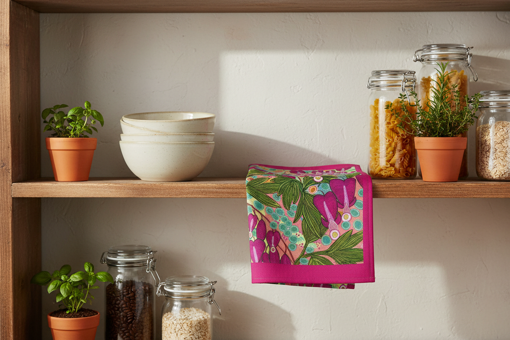 Bleeding Hearts Tea Towel | Botanical Kitchen Linen | UK Made Art Print