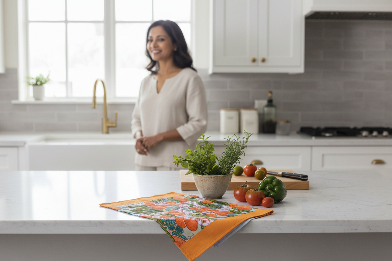 South Asian woman with orange floral tea towel