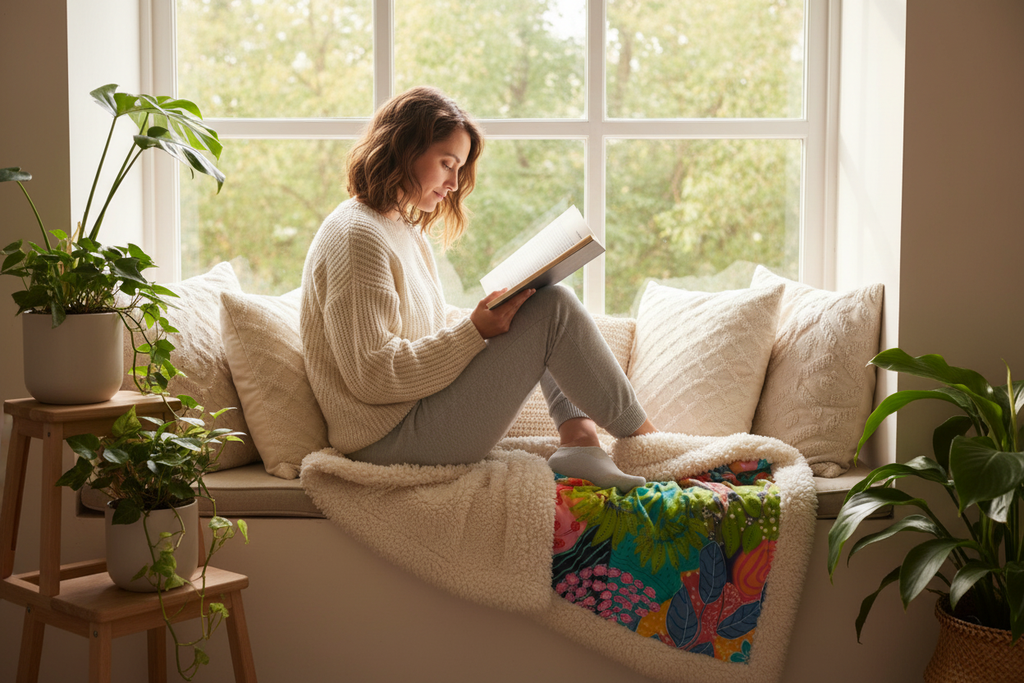 Summer Awakening blanket with cream sherpa in cozy setting