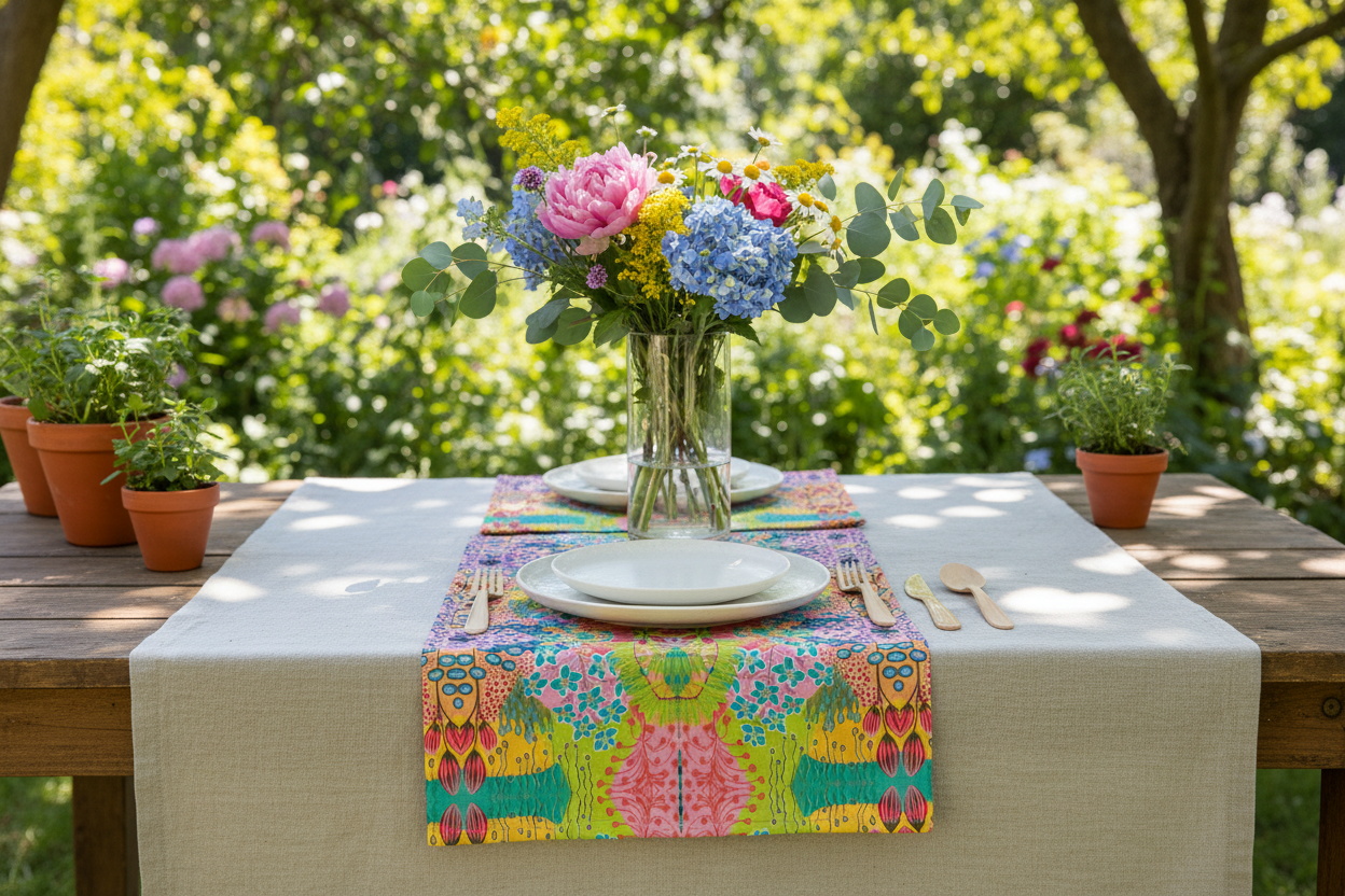 Summer Awakening Geometric Large Tea Towel - Original Botanical Kitchen Linen UK Made