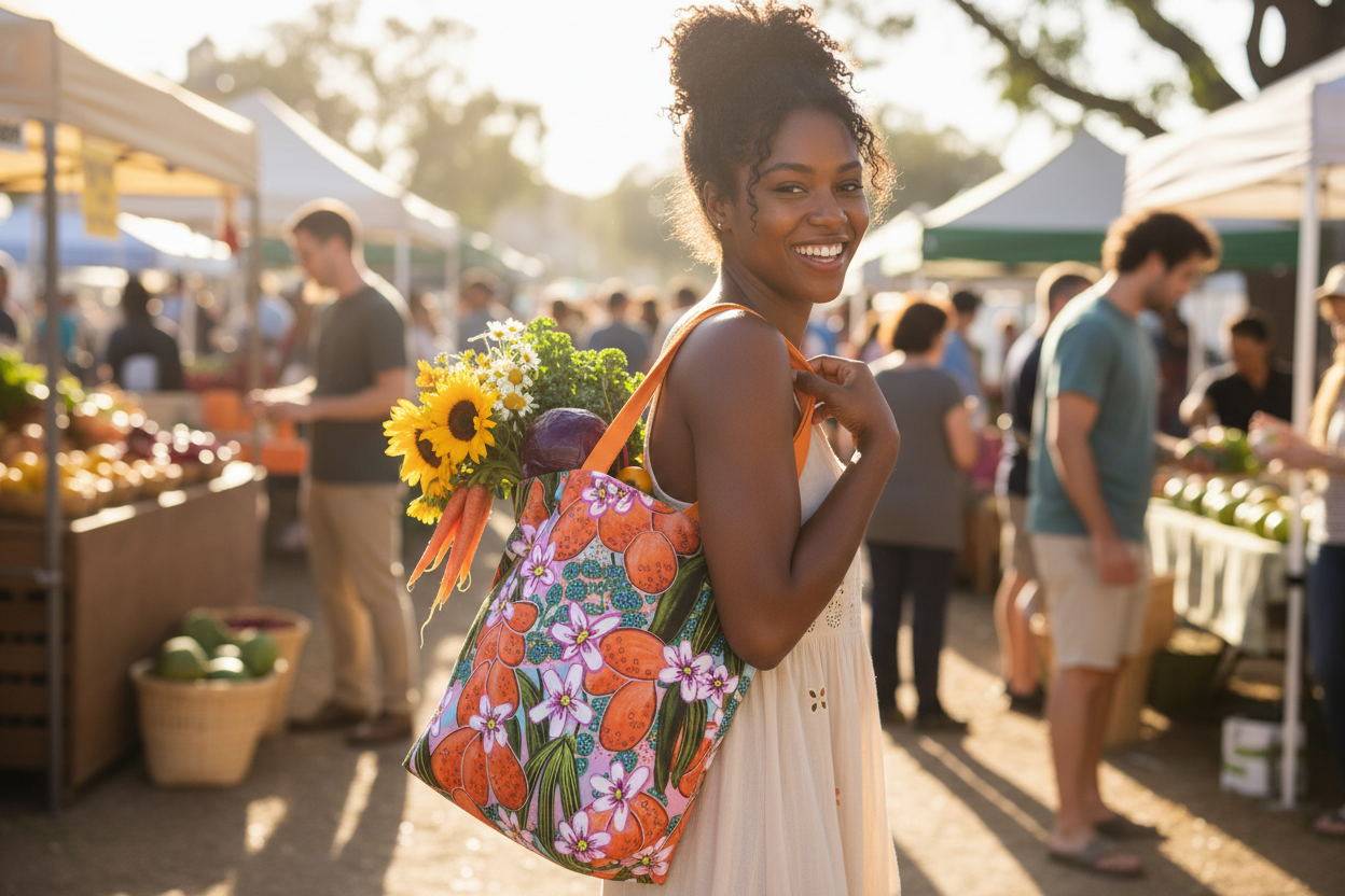 Young Black woman at farmers market with orange tote bag