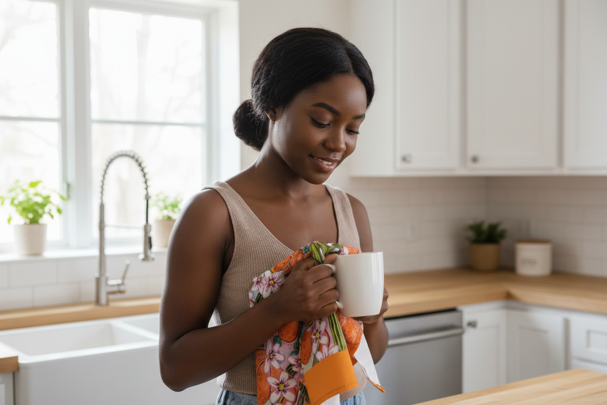 Young Black woman using orange floral tea towel
